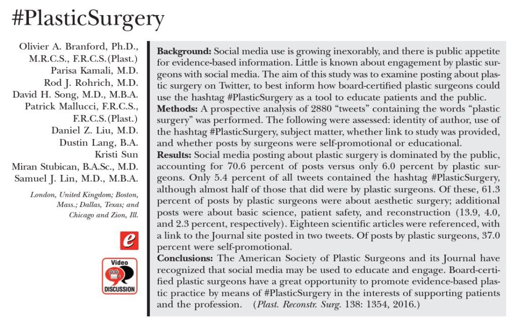 #plasticsurgery - article by Dr. Olivier Branford et al, PRS, December 2016