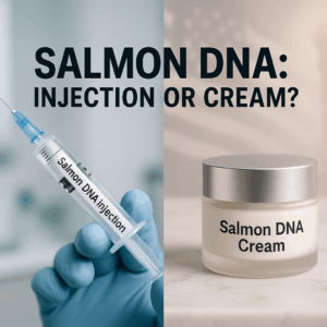 Split-screen comparison of Salmon DNA injection in a syringe held by a gloved hand versus a jar of Salmon DNA cream on a marble surface, with bold text reading 'Salmon DNA: Injection or Cream?' — highlighting skincare treatment options and legal differences in the U.S.
