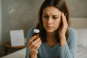 Woman reflecting on mental health effects of anti-capsular contracture medication.