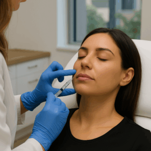 A woman sits calmly in a white medical chair with her eyes closed as a healthcare professional, wearing blue gloves, injects a dermal filler into her nasolabial fold using a syringe. The procedure takes place in a clean, well-lit clinic with cabinets and a window in the background.