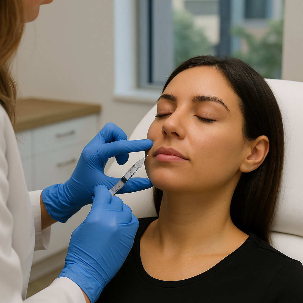 A woman sits calmly in a white medical chair with her eyes closed as a healthcare professional, wearing blue gloves, injects a dermal filler into her nasolabial fold using a syringe. The procedure takes place in a clean, well-lit clinic with cabinets and a window in the background.