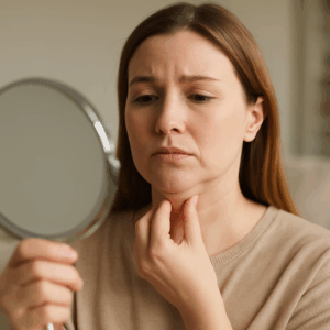 a woman who is holding her double chin and looking at the mirror
