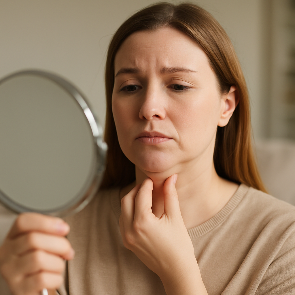 a woman who is holding her double chin and looking at the mirror