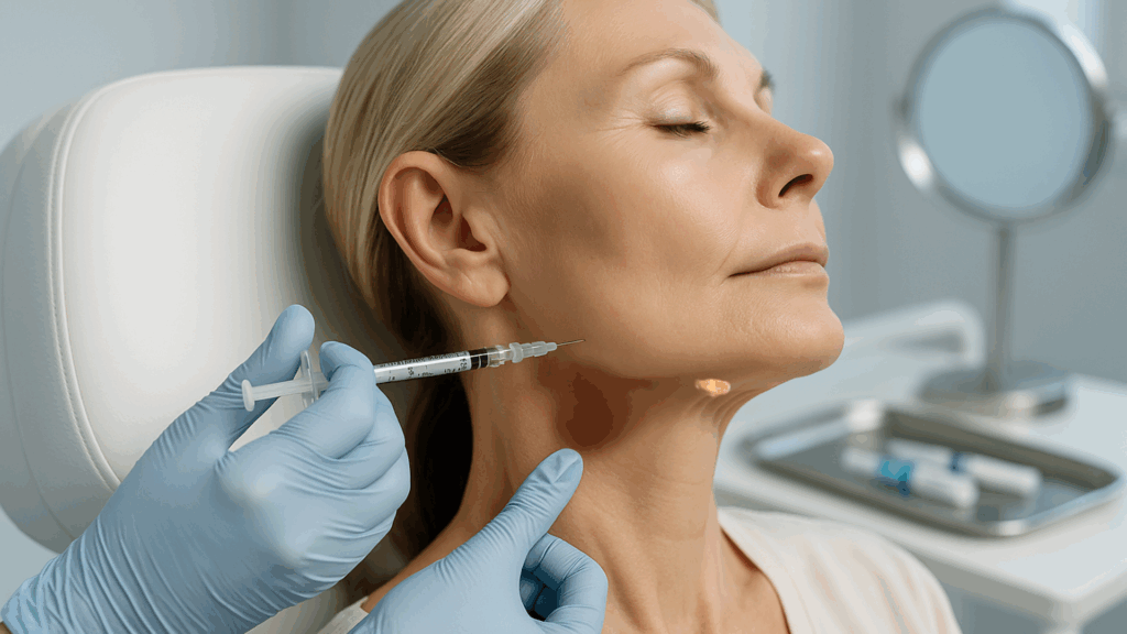 A middle-aged woman reclines in a clinical setting while a medical professional administers a neuromodulator injection to a small, visible submandibular gland swelling beneath her jawline. The environment is clean and medical, with soft lighting emphasizing the treatment area.