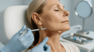 A middle-aged woman reclines in a clinical setting while a medical professional administers a neuromodulator injection to a small, visible submandibular gland swelling beneath her jawline. The environment is clean and medical, with soft lighting emphasizing the treatment area.
