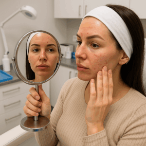 Woman admiring her reflection in a mirror inside a modern aesthetic clinic after receiving injectable treatments such as Botox or dermal fillers, with subtle post-procedure glow, professional medical setting, and natural lighting highlighting facial rejuvenation results.