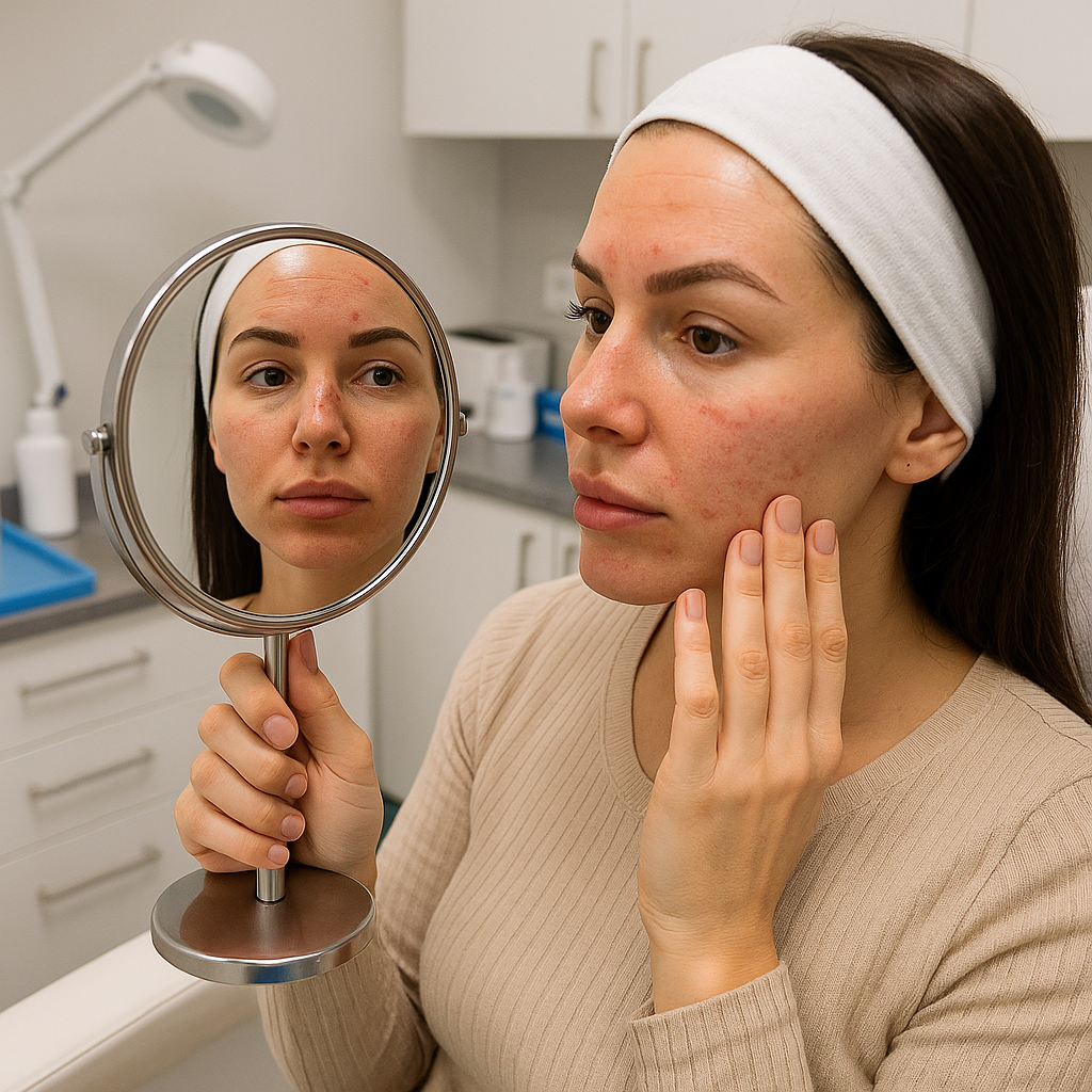 Woman admiring her reflection in a mirror inside a modern aesthetic clinic after receiving injectable treatments such as Botox or dermal fillers, with subtle post-procedure glow, professional medical setting, and natural lighting highlighting facial rejuvenation results.