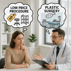 A thoughtful woman consults with a plastic surgeon in a modern clinic, considering options between a low-cost cosmetic procedure and professional plastic surgery. Above her head, thought bubbles illustrate the contrast: one showing “Low Price Procedure” with bargain equipment, and the other showing “Plastic Surgery” with advanced surgical tools. The doctor holds a clipboard, explaining risks and benefits, symbolizing the decision between affordability and safety in cosmetic treatments.