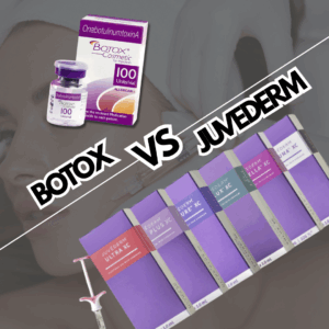 Comparison graphic of Botox vs Juvederm featuring a vial and box of Botox Cosmetic (OnabotulinumtoxinA) on the left and multiple Juvederm dermal filler boxes (Ultra XC, Volbella, Voluma, etc.) on the right, overlaid on a background of a woman receiving facial injections. Text overlay reads 'Botox vs Juvederm' in bold letters.