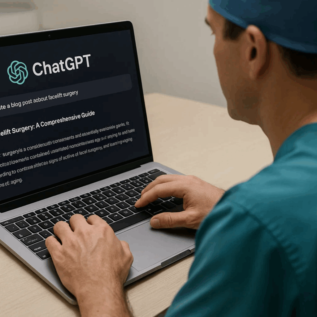 Plastic surgeon typing on a laptop using ChatGPT AI platform with a custom prompt, showcasing artificial intelligence in plastic surgery content creation, without showing the surgeon’s face.