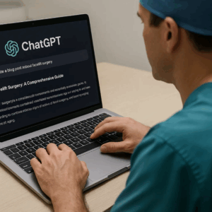 Plastic surgeon typing on a laptop using ChatGPT AI platform with a custom prompt, showcasing artificial intelligence in plastic surgery content creation, without showing the surgeon’s face.
