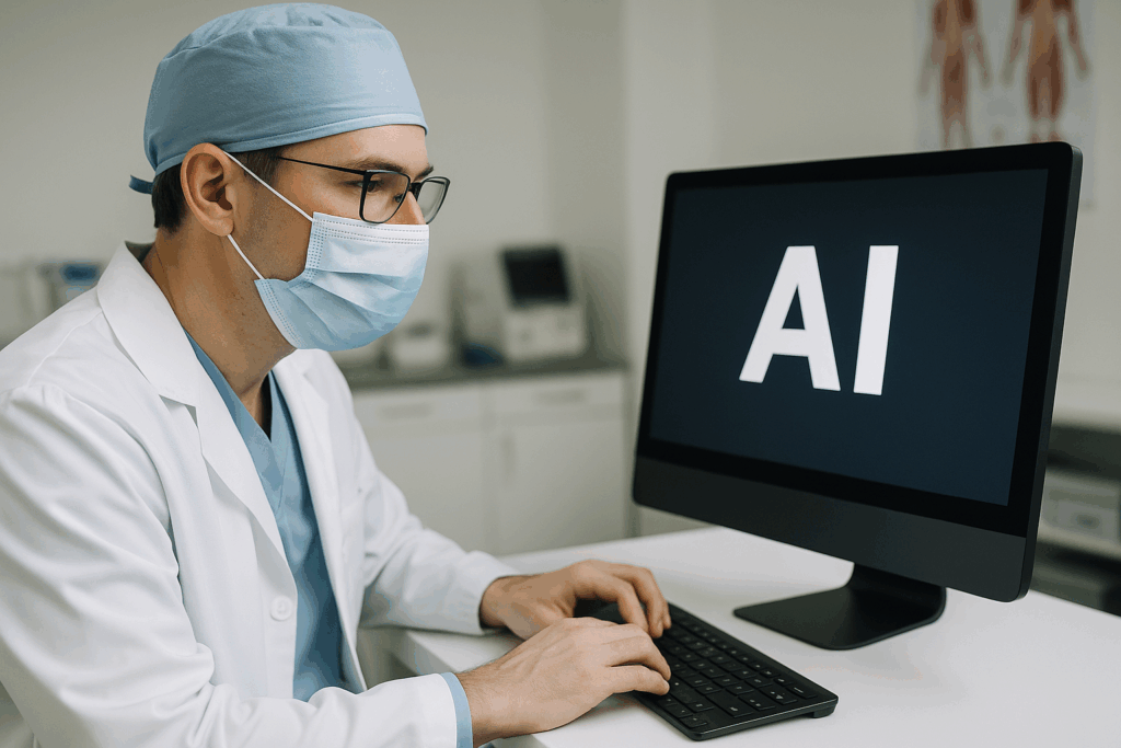 Male plastic surgeon in full white coat sitting at a desk, typing on a laptop with an AI interface displayed on the screen, in a bright and modern medical office setting