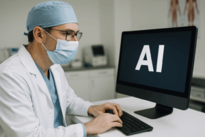 Male plastic surgeon in full white coat sitting at a desk, typing on a laptop with an AI interface displayed on the screen, in a bright and modern medical office setting