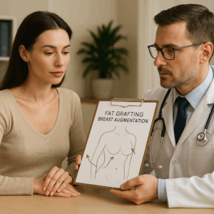 A female patient sits across from a male doctor in a bright, modern medical office. The doctor, wearing glasses and a white lab coat with a stethoscope, holds up a clipboard showing a diagram labeled “Fat Grafting Breast Augmentation,” with arrows illustrating the fat transfer process from thighs and hips to the breasts. The woman listens attentively, hands folded on the table, in a calm and professional consultation setting.