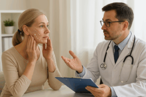 Woman consulting with a doctor about facelift options after a non-invasive cosmetic procedure