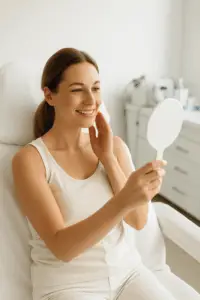 A woman seated in a bright, modern clinic smiles as she looks at her reflection in a handheld mirror. The environment is clean and professional, with neutral tones and minimal medical décor. Her skin glows naturally, suggesting freshness and wellness. The overall mood conveys confidence, beauty, and self-care in a healthcare setting.